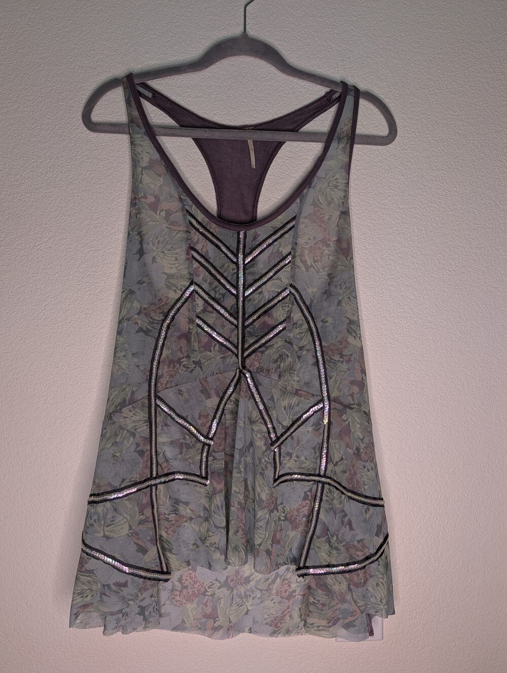 Free People Women's Semi Sheer Sequin Tank L Y2K Coquette Disco Boho Chic